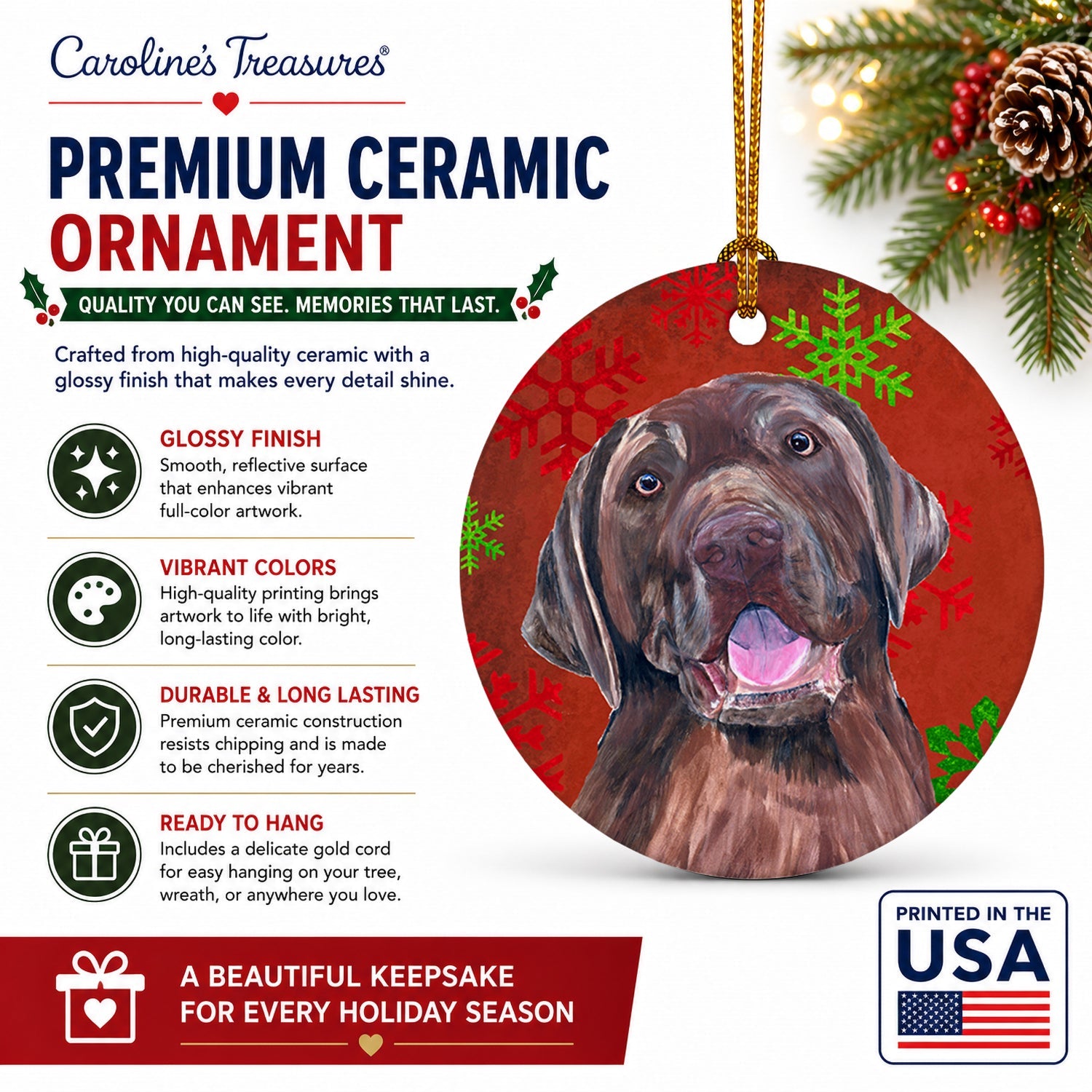 Labrador Red and Green Snowflakes Holiday Christmas Ceramic Ornament Christmas Tree Hanging Decorations for Home Christmas Holiday, Party, Gift, 3 in, Multicolor