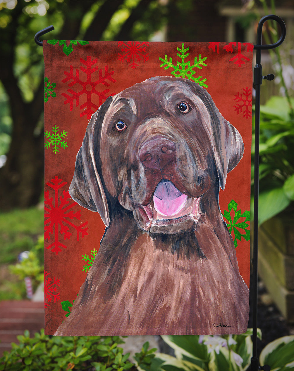 Labrador Red and Green Snowflakes Holiday Christmas Garden Flag Mailbox Decorative Yard Banner Outside Patio Artwork for Flower Beds, Garden Size, Multicolor