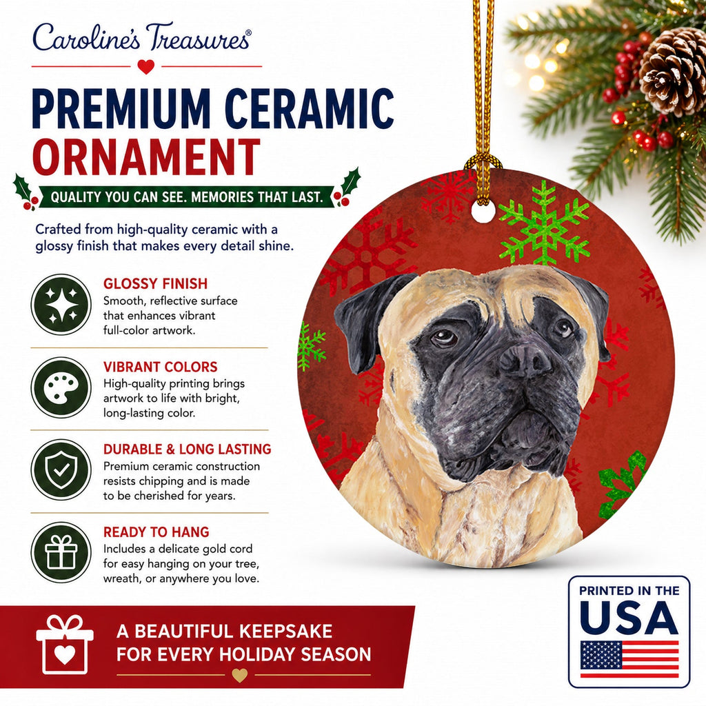 Mastiff Red and Green Snowflakes Holiday Christmas Ceramic Ornament Christmas Tree Hanging Decorations for Home Christmas Holiday, Party, Gift, 3 in, Multicolor