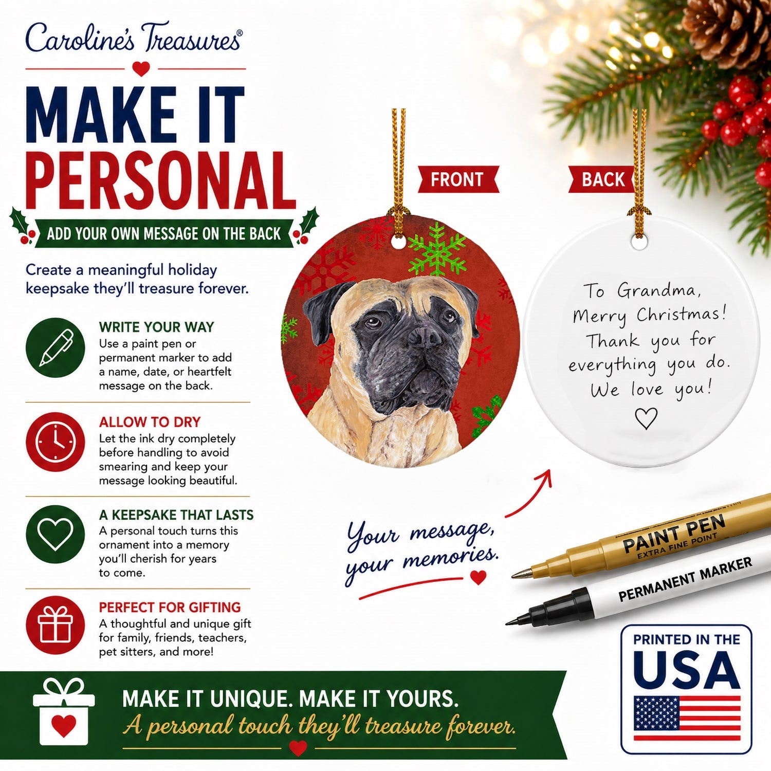 Mastiff Red and Green Snowflakes Holiday Christmas Ceramic Ornament Christmas Tree Hanging Decorations for Home Christmas Holiday, Party, Gift, 3 in, Multicolor