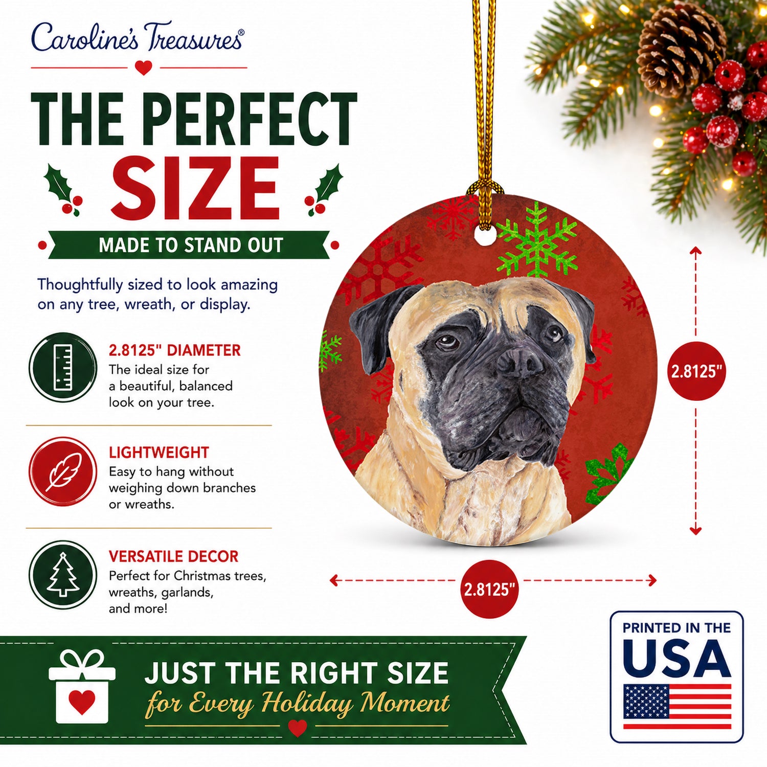 Mastiff Red and Green Snowflakes Holiday Christmas Ceramic Ornament Christmas Tree Hanging Decorations for Home Christmas Holiday, Party, Gift, 3 in, Multicolor