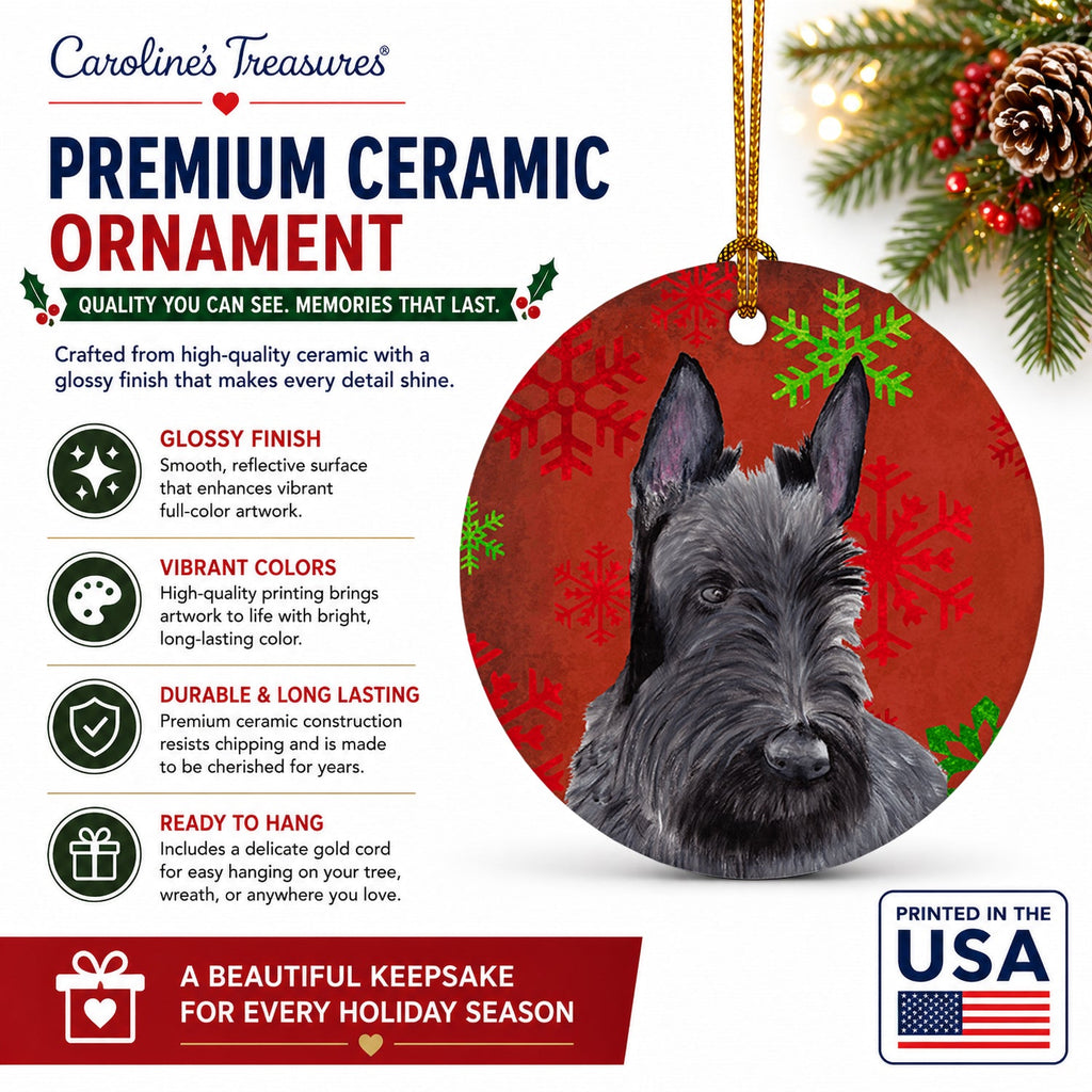 Scottish Terrier Red and Green Snowflakes Holiday Christmas Ceramic Ornament Christmas Tree Hanging Decorations for Home Christmas Holiday, Party, Gift, 3 in, Multicolor