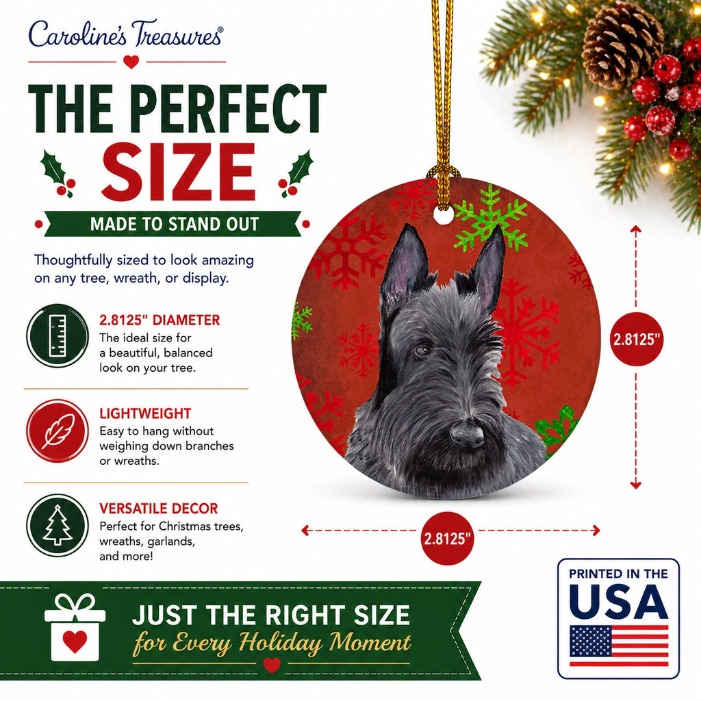 Scottish Terrier Red and Green Snowflakes Holiday Christmas Ceramic Ornament Christmas Tree Hanging Decorations for Home Christmas Holiday, Party, Gift, 3 in, Multicolor