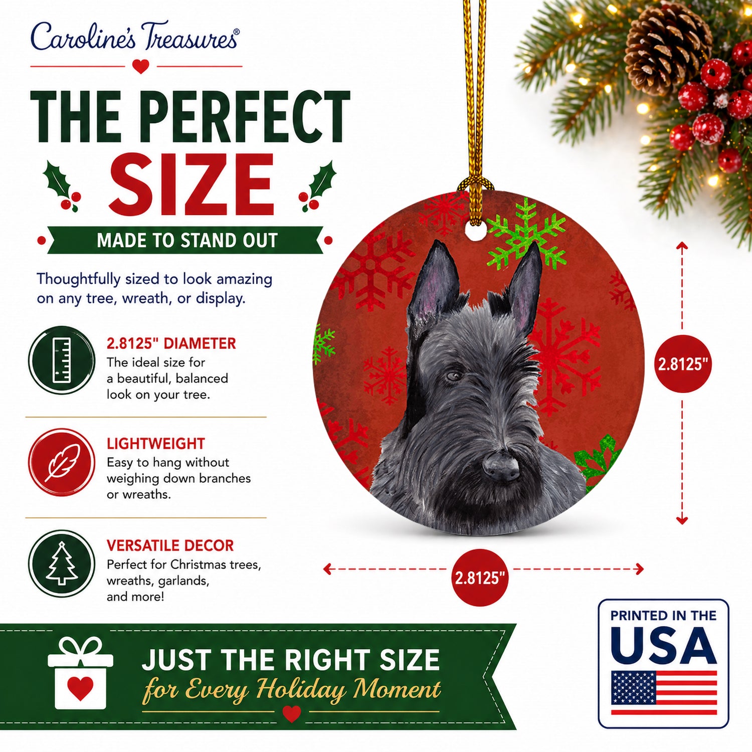 Scottish Terrier Red and Green Snowflakes Holiday Christmas Ceramic Ornament Christmas Tree Hanging Decorations for Home Christmas Holiday, Party, Gift, 3 in, Multicolor
