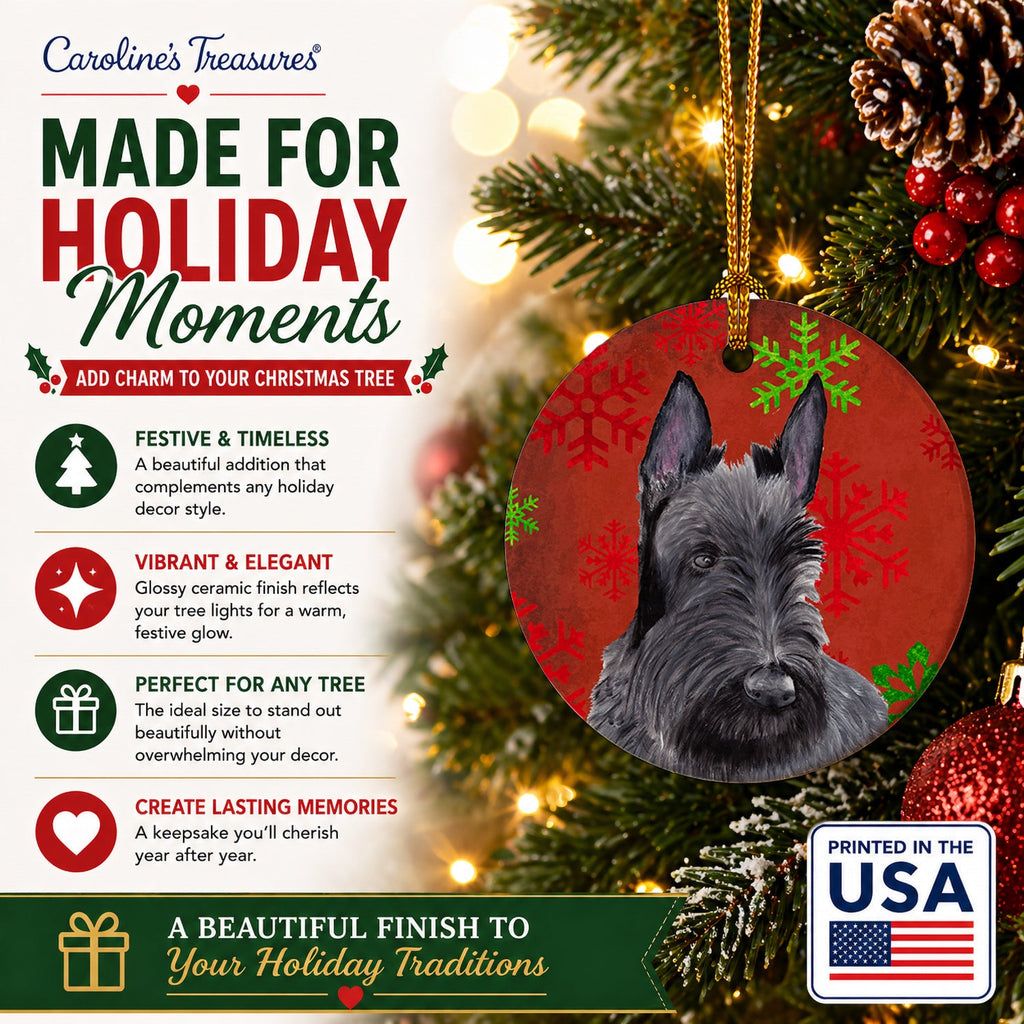 Scottish Terrier Red and Green Snowflakes Holiday Christmas Ceramic Ornament Christmas Tree Hanging Decorations for Home Christmas Holiday, Party, Gift, 3 in, Multicolor