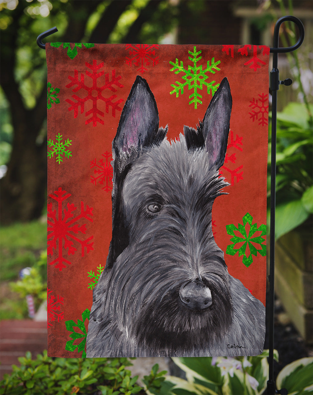 Scottish Terrier Red and Green Snowflakes Holiday Christmas Garden Flag Mailbox Decorative Yard Banner Outside Patio Artwork for Flower Beds, Garden Size, Multicolor