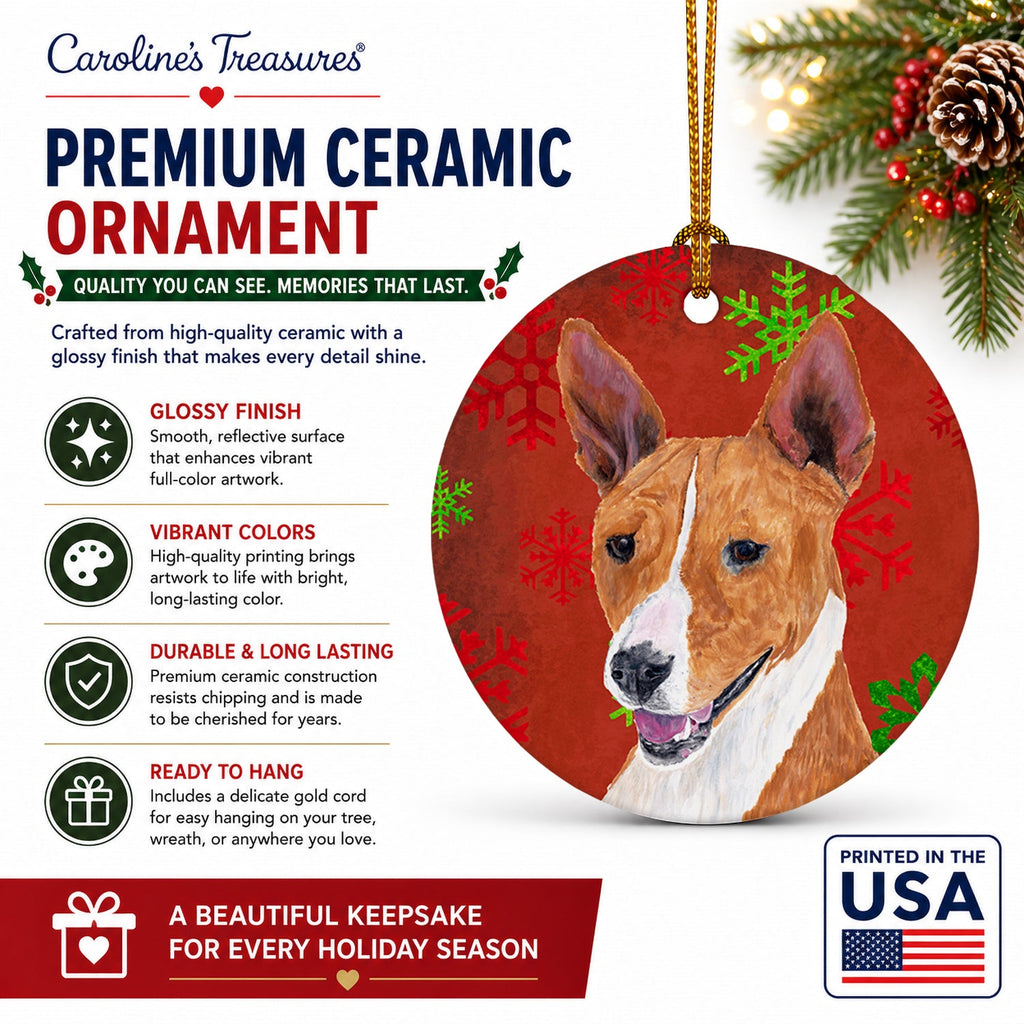 Basenji Red and Green Snowflakes Holiday Christmas Ceramic Ornament Christmas Tree Hanging Decorations for Home Christmas Holiday, Party, Gift, 3 in, Multicolor