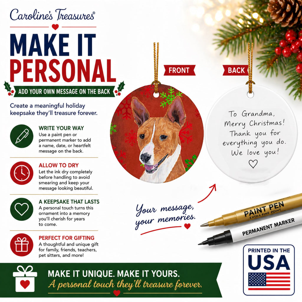 Basenji Red and Green Snowflakes Holiday Christmas Ceramic Ornament Christmas Tree Hanging Decorations for Home Christmas Holiday, Party, Gift, 3 in, Multicolor