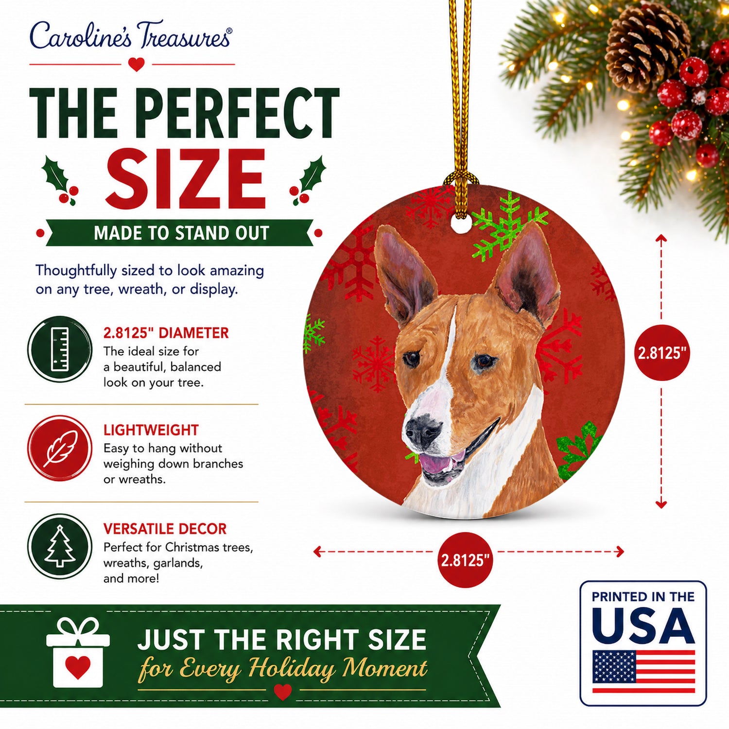 Basenji Red and Green Snowflakes Holiday Christmas Ceramic Ornament Christmas Tree Hanging Decorations for Home Christmas Holiday, Party, Gift, 3 in, Multicolor
