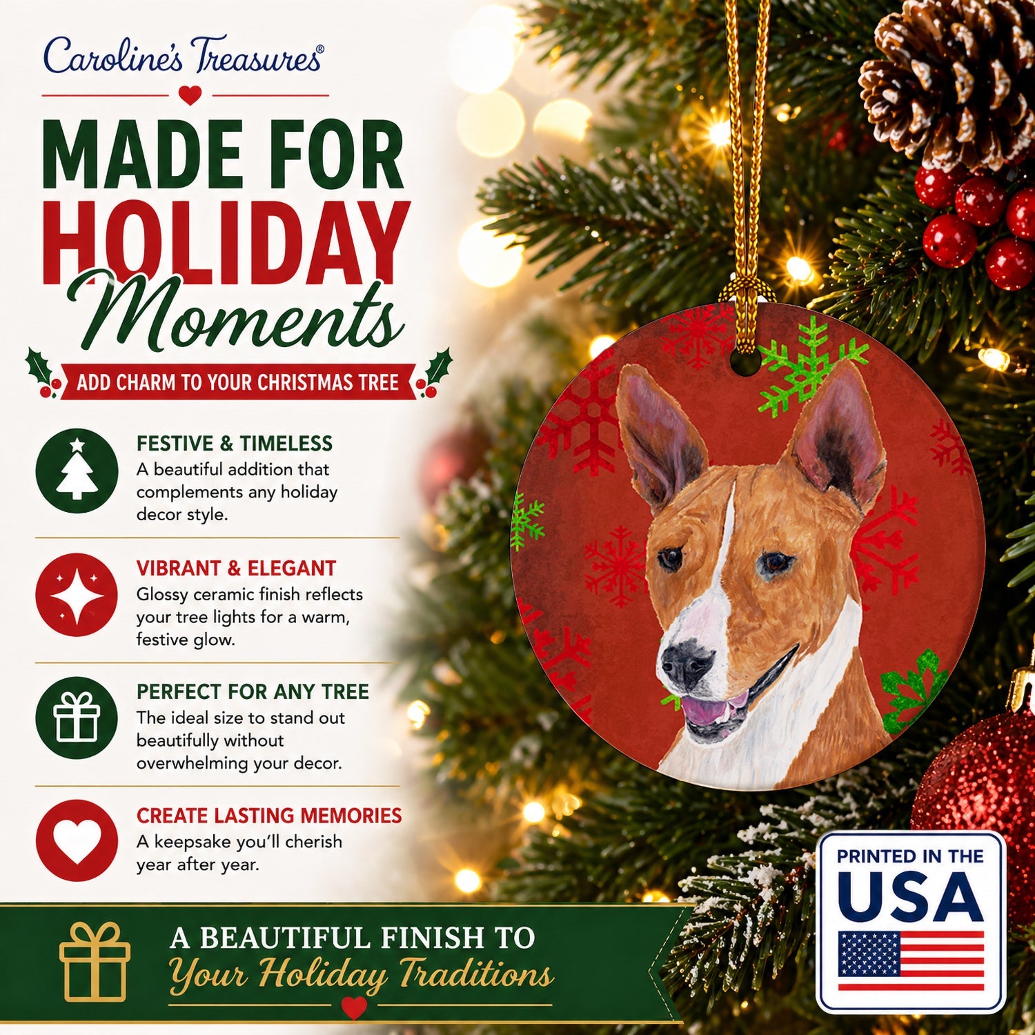 Basenji Red and Green Snowflakes Holiday Christmas Ceramic Ornament Christmas Tree Hanging Decorations for Home Christmas Holiday, Party, Gift, 3 in, Multicolor