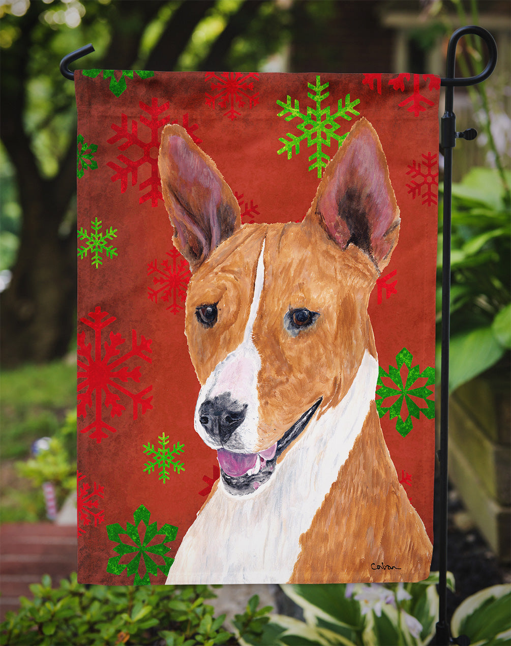 Basenji Red and Green Snowflakes Holiday Christmas Garden Flag Mailbox Decorative Yard Banner Outside Patio Artwork for Flower Beds, Garden Size, Multicolor
