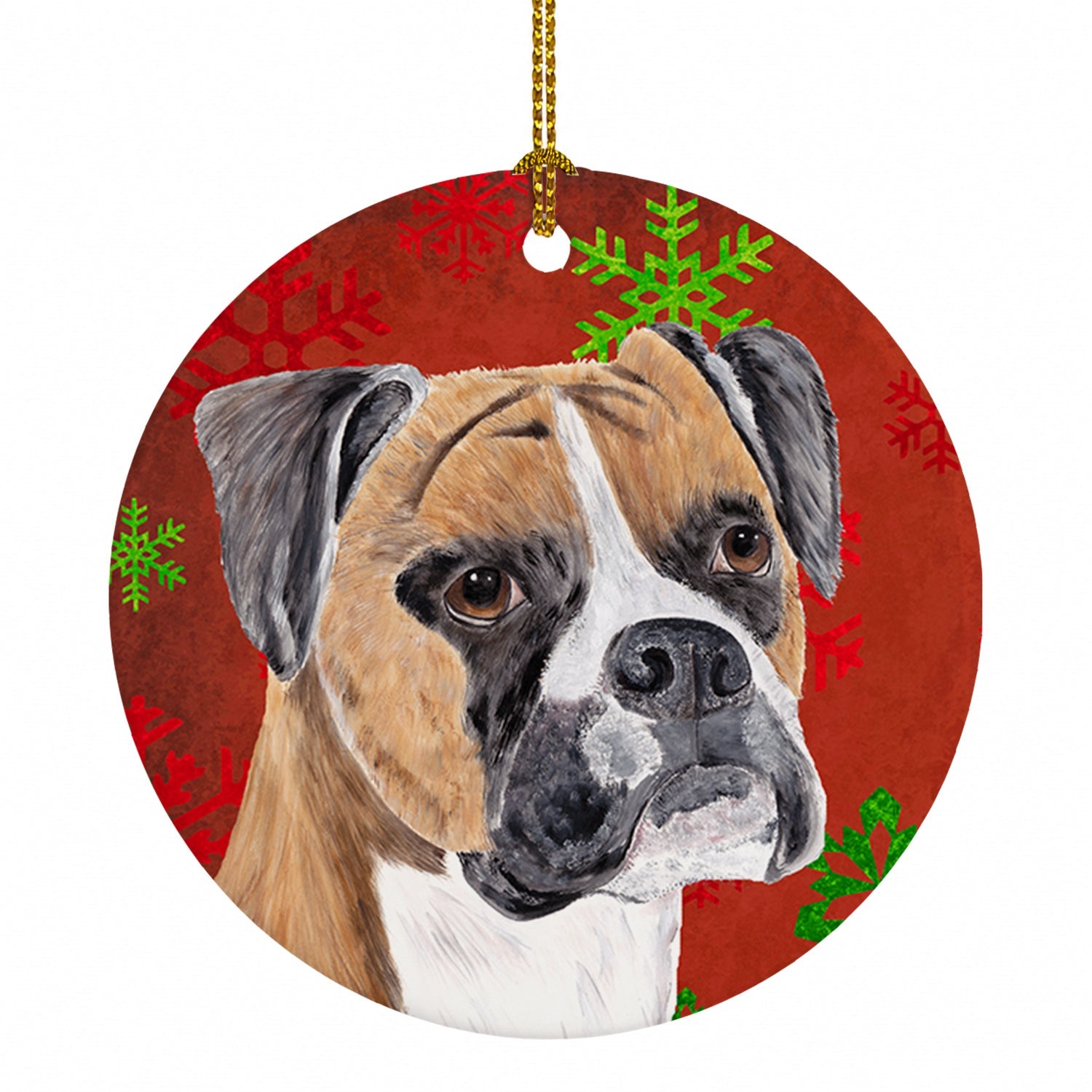 Boxer Red and Green Snowflakes Holiday Christmas Ceramic Ornament Christmas Tree Hanging Decorations for Home Christmas Holiday, Party, Gift, 3 in, Multicolor