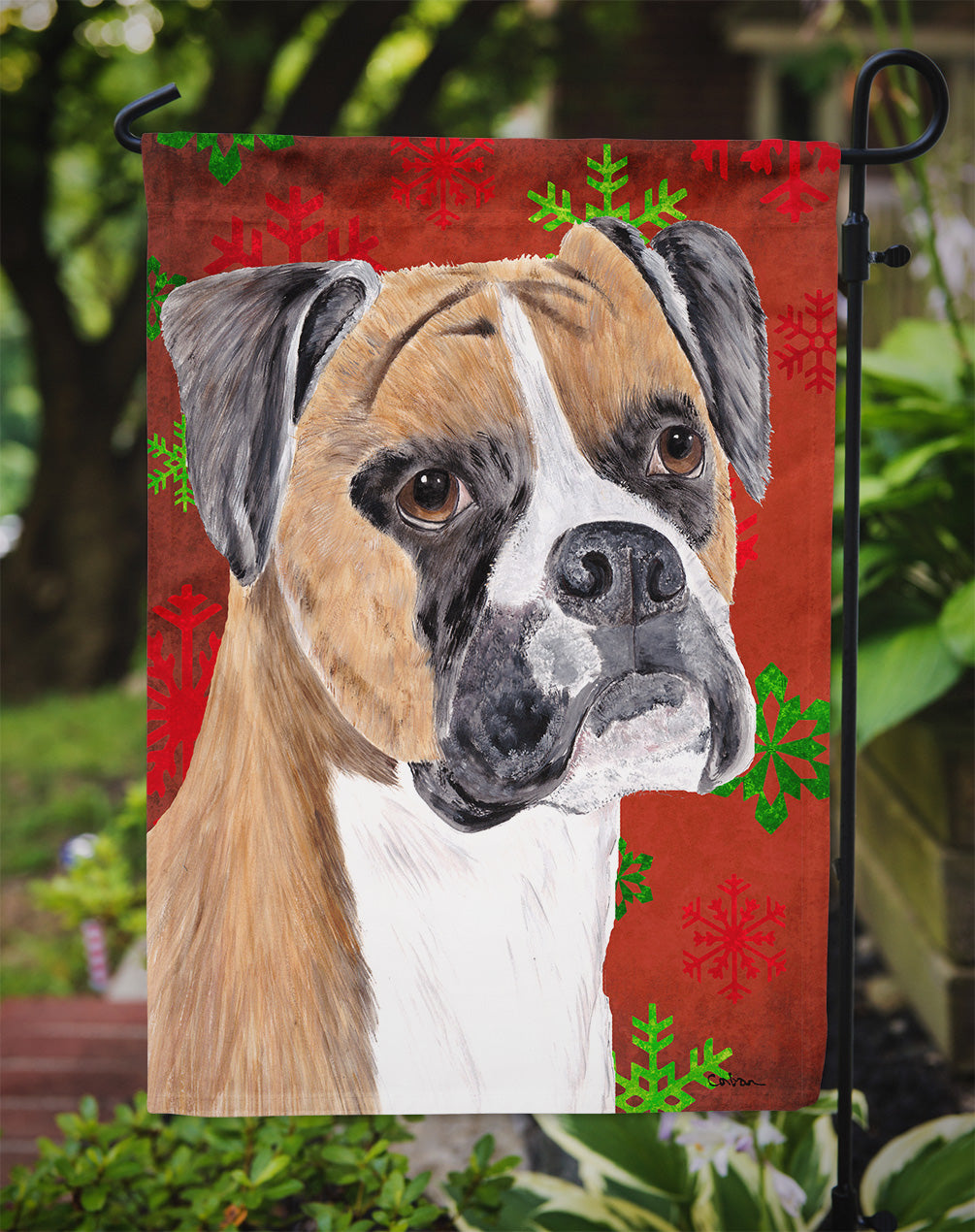 Boxer Red and Green Snowflakes Holiday Christmas Garden Flag Mailbox Decorative Yard Banner Outside Patio Artwork for Flower Beds, Garden Size, Multicolor