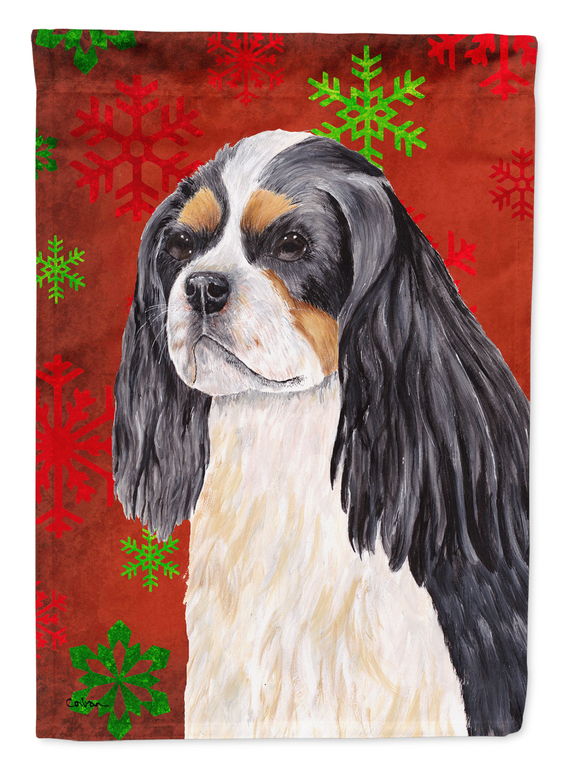 Cavalier Spaniel Red and Green Snowflakes Holiday Christmas Garden Flag Mailbox Decorative Yard Banner Outside Patio Artwork for Flower Beds, Garden Size, Multicolor