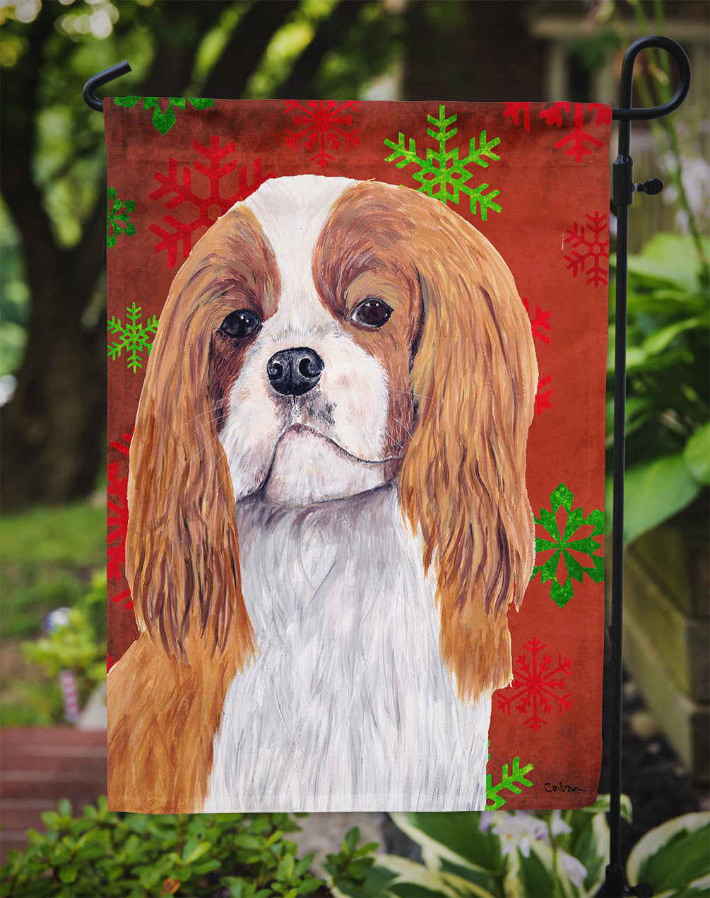 Cavalier Spaniel Red and Green Snowflakes Holiday Christmas Garden Flag Mailbox Decorative Yard Banner Outside Patio Artwork for Flower Beds, Garden Size, Multicolor