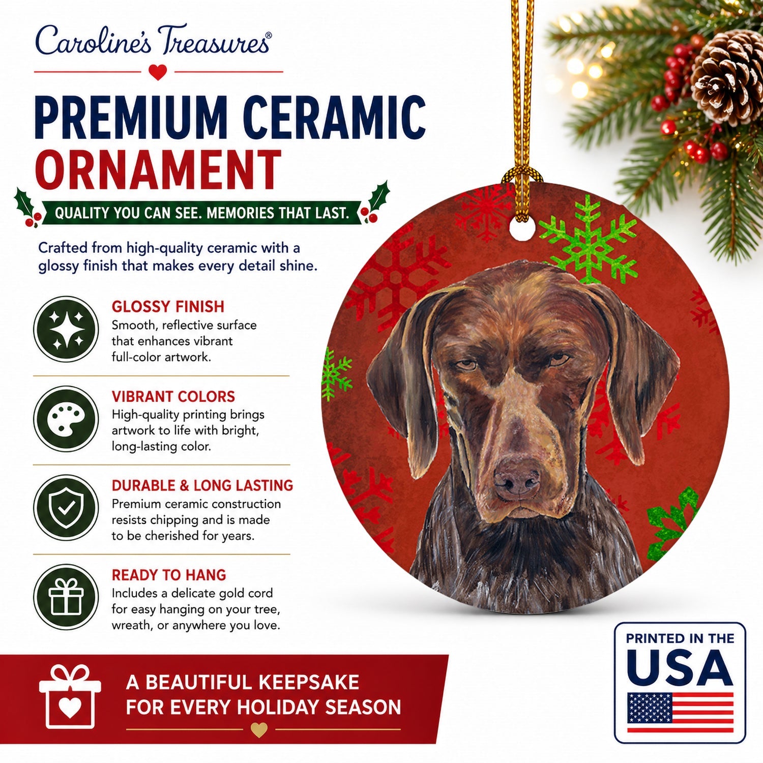 German Shorthaired Pointer Red  Snowflakes Holiday Christmas Ceramic Ornament Christmas Tree Hanging Decorations for Home Christmas Holiday, Party, Gift, 3 in, Multicolor