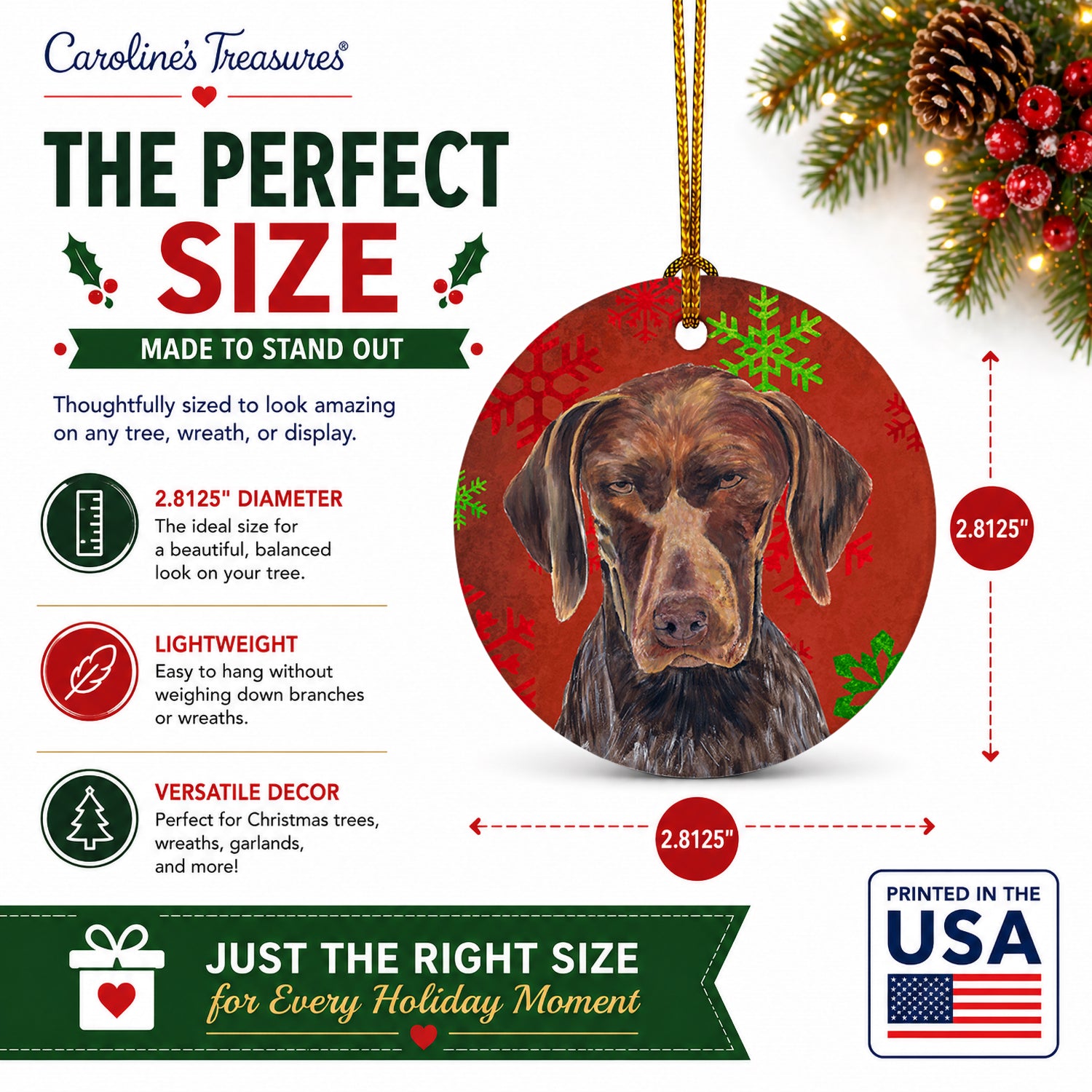 German Shorthaired Pointer Red  Snowflakes Holiday Christmas Ceramic Ornament Christmas Tree Hanging Decorations for Home Christmas Holiday, Party, Gift, 3 in, Multicolor