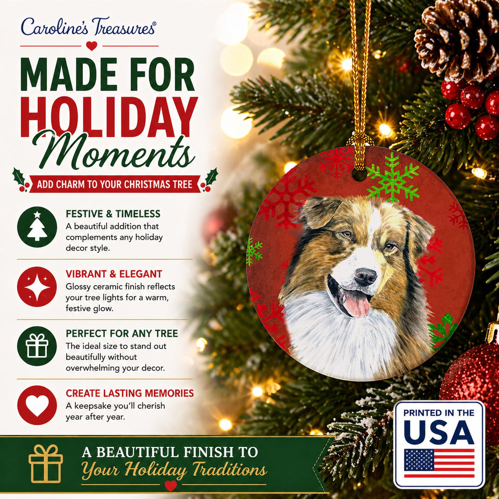 Australian Shepherd Red Green Snowflakes Christmas Ceramic Ornament Christmas Tree Hanging Decorations for Home Christmas Holiday, Party, Gift, 3 in, Multicolor