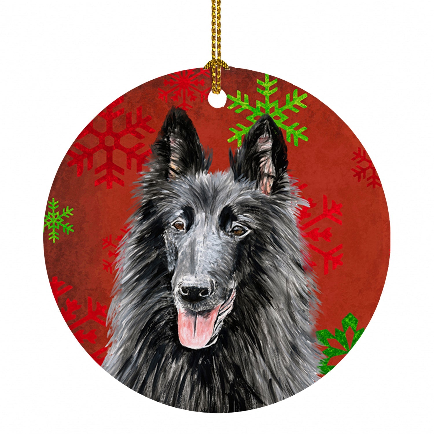 Belgian Sheepdog Red and Green Snowflakes Holiday Christmas Ceramic Ornament Christmas Tree Hanging Decorations for Home Christmas Holiday, Party, Gift, 3 in, Multicolor