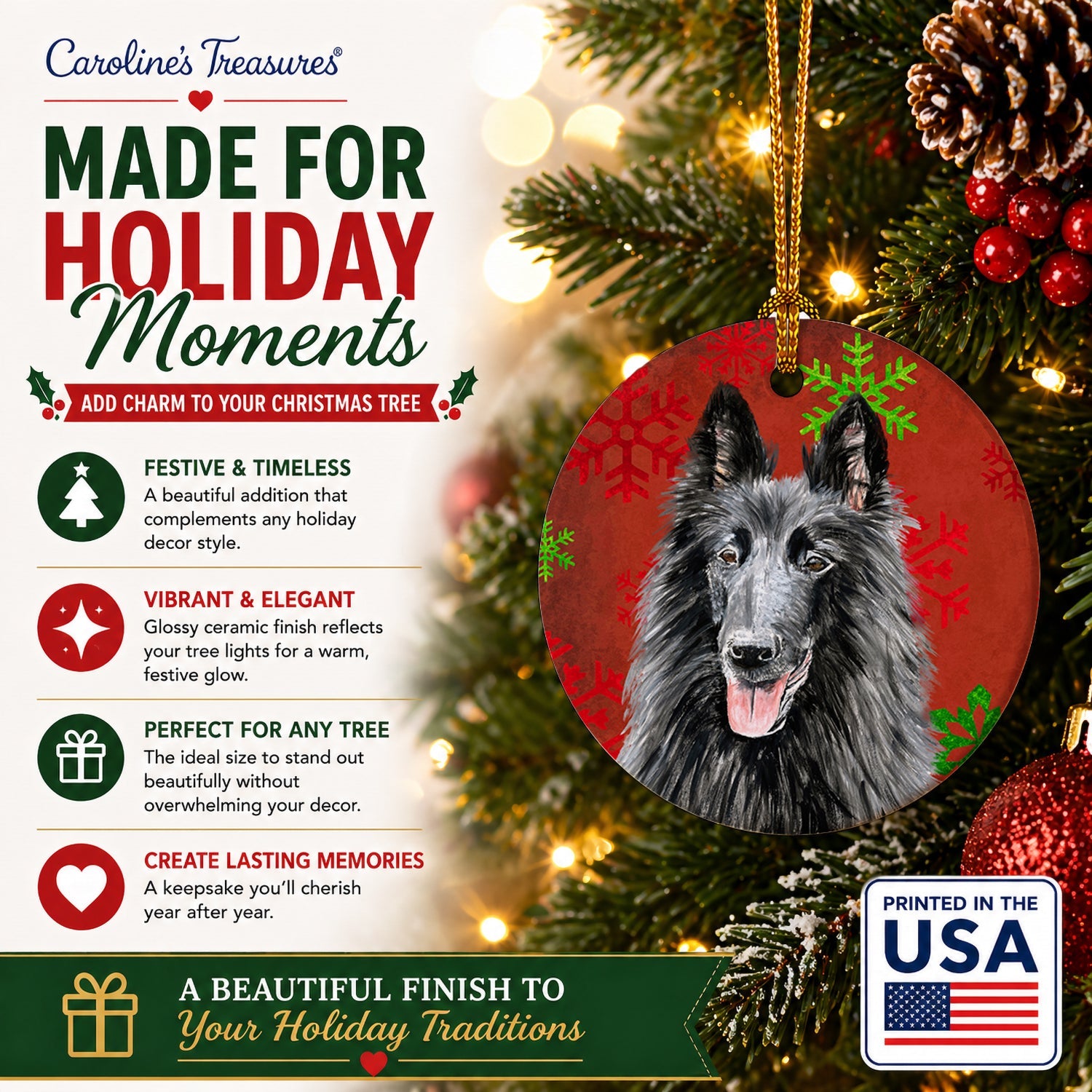 Belgian Sheepdog Red and Green Snowflakes Holiday Christmas Ceramic Ornament Christmas Tree Hanging Decorations for Home Christmas Holiday, Party, Gift, 3 in, Multicolor