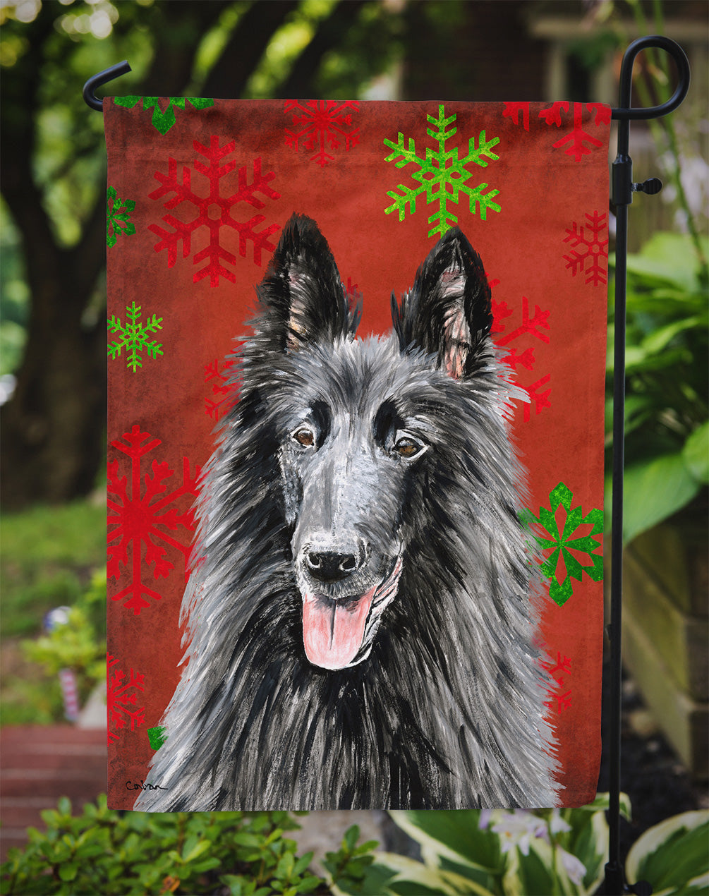 Belgian Sheepdog Red and Green Snowflakes Holiday Christmas Garden Flag Mailbox Decorative Yard Banner Outside Patio Artwork for Flower Beds, Garden Size, Multicolor