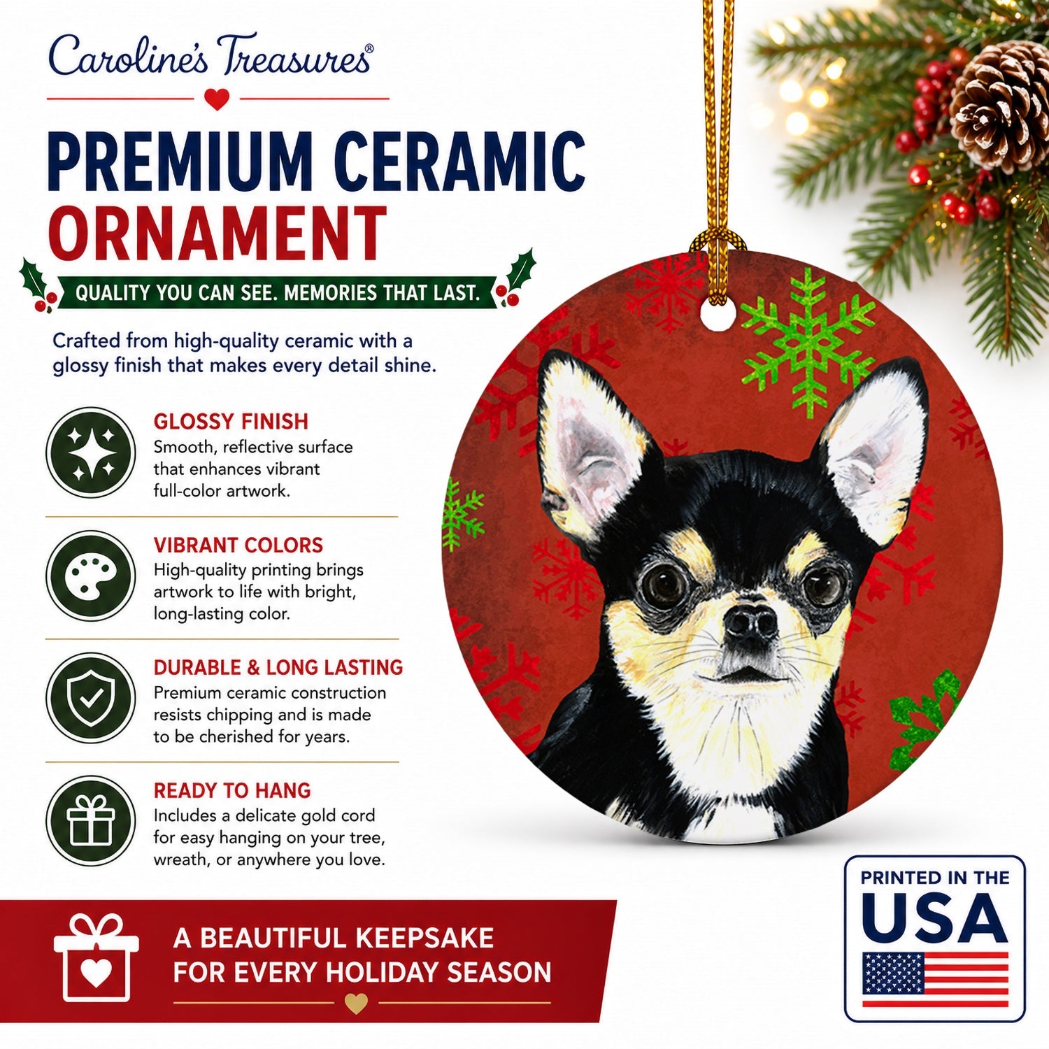 Chihuahua Red and Green Snowflakes Holiday Christmas Ceramic Ornament Christmas Tree Hanging Decorations for Home Christmas Holiday, Party, Gift, 3 in, Multicolor