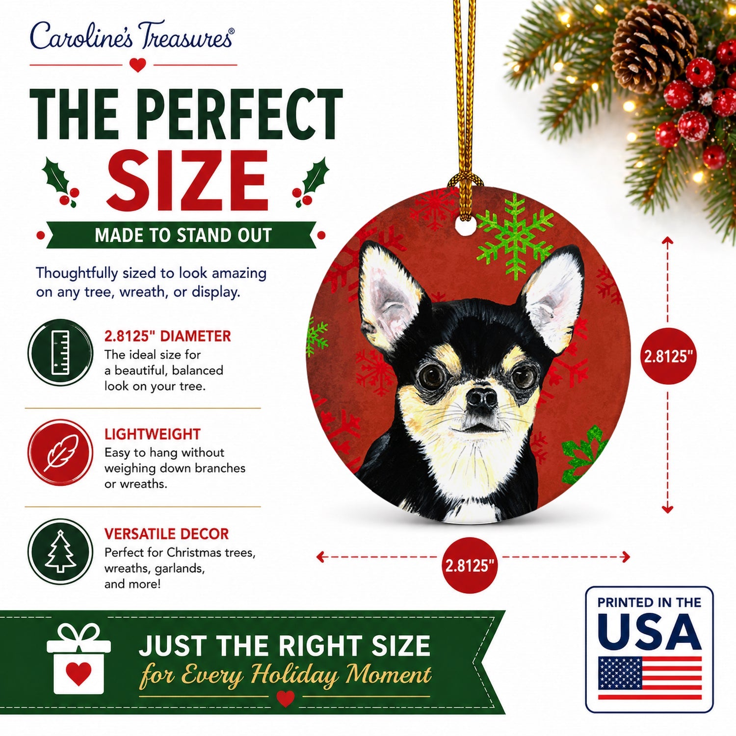 Chihuahua Red and Green Snowflakes Holiday Christmas Ceramic Ornament Christmas Tree Hanging Decorations for Home Christmas Holiday, Party, Gift, 3 in, Multicolor