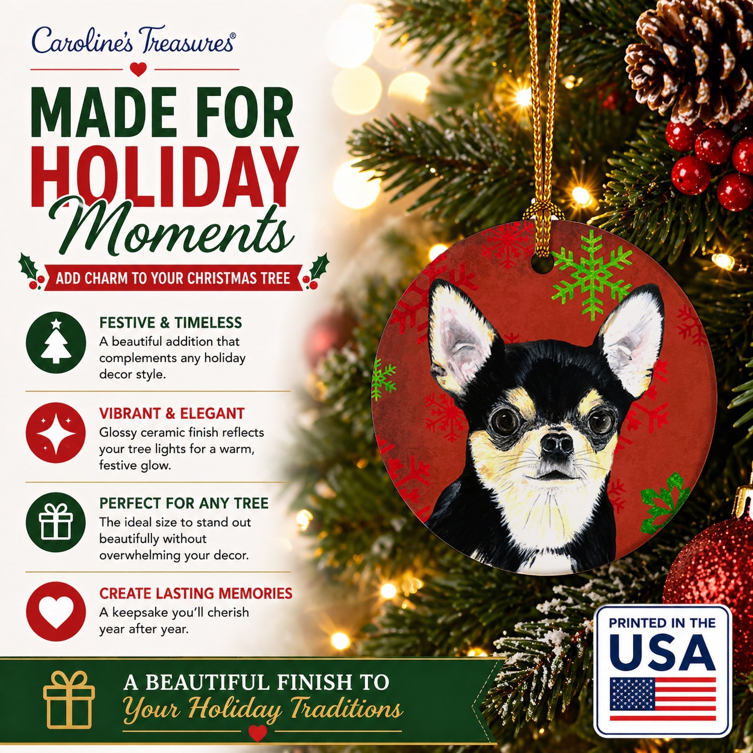 Chihuahua Red and Green Snowflakes Holiday Christmas Ceramic Ornament Christmas Tree Hanging Decorations for Home Christmas Holiday, Party, Gift, 3 in, Multicolor