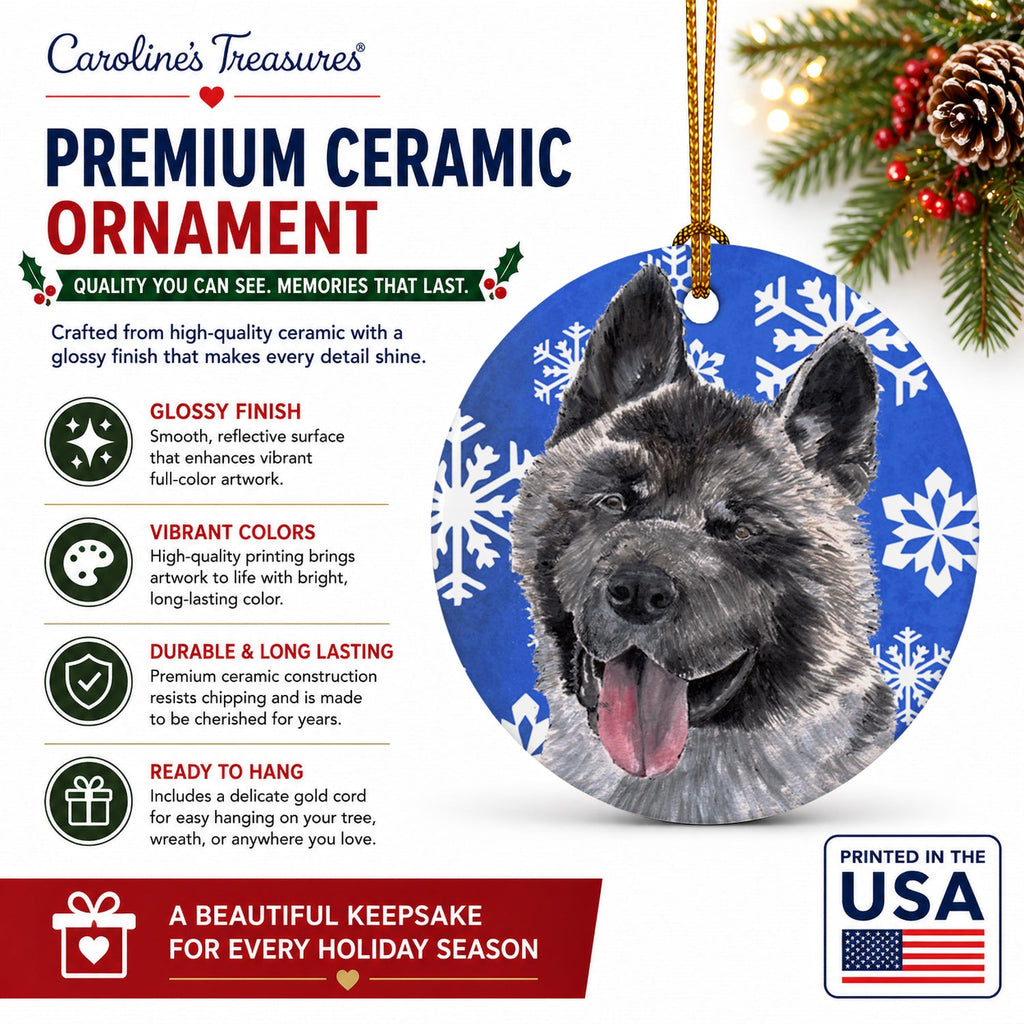 Akita Winter Snowflakes Holiday Ceramic Ornament Christmas Tree Hanging Decorations for Home Christmas Holiday, Party, Gift, 3 in, Multicolor