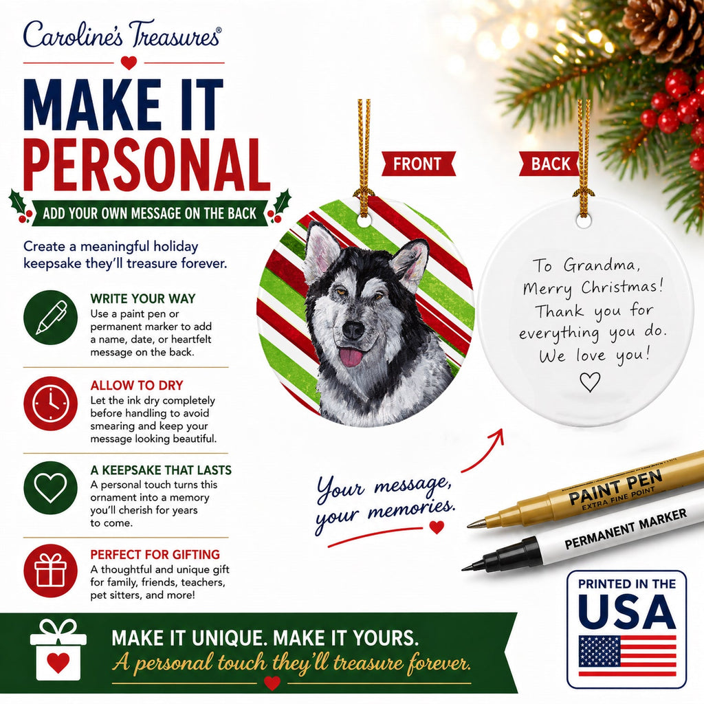 Alaskan Malamute Candy Cane Holiday Christmas Ceramic Ornament Christmas Tree Hanging Decorations for Home Christmas Holiday, Party, Gift, 3 in, Multicolor