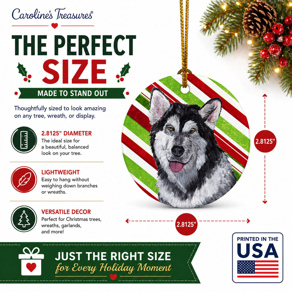 Alaskan Malamute Candy Cane Holiday Christmas Ceramic Ornament Christmas Tree Hanging Decorations for Home Christmas Holiday, Party, Gift, 3 in, Multicolor