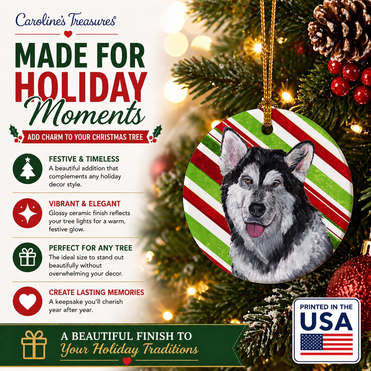 Alaskan Malamute Candy Cane Holiday Christmas Ceramic Ornament Christmas Tree Hanging Decorations for Home Christmas Holiday, Party, Gift, 3 in, Multicolor