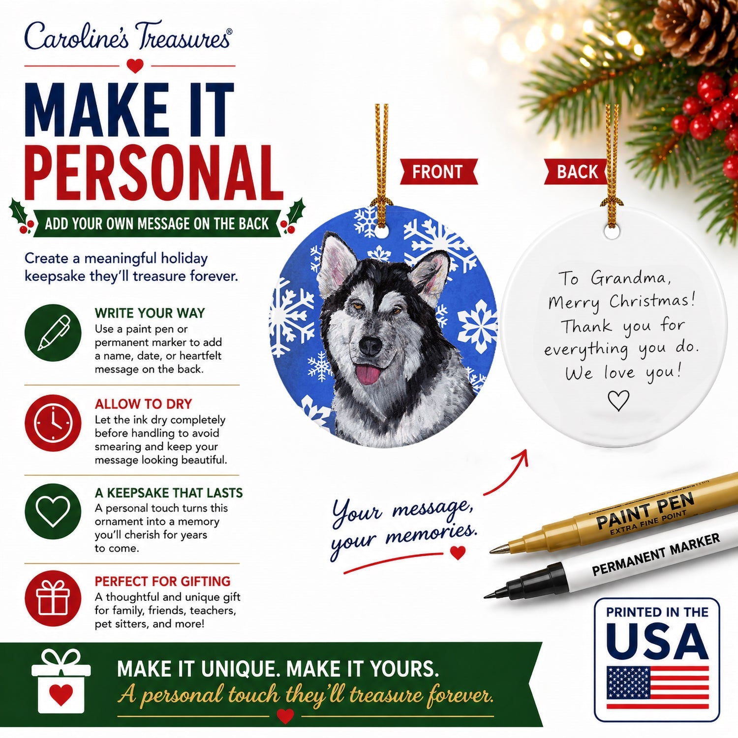 Alaskan Malamute Winter Snowflakes Holiday Ceramic Ornament Christmas Tree Hanging Decorations for Home Christmas Holiday, Party, Gift, 3 in, Multicolor