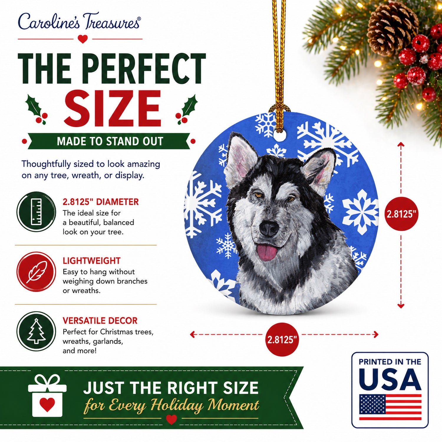 Alaskan Malamute Winter Snowflakes Holiday Ceramic Ornament Christmas Tree Hanging Decorations for Home Christmas Holiday, Party, Gift, 3 in, Multicolor