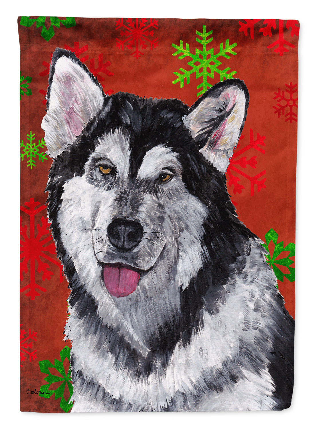 Alaskan Malamute Red Snowflakes Holiday Christmas House Flag 28x40 Porch Sleeve Pole Decorative Outside Yard Banner Artwork Wall Hanging, Polyester
