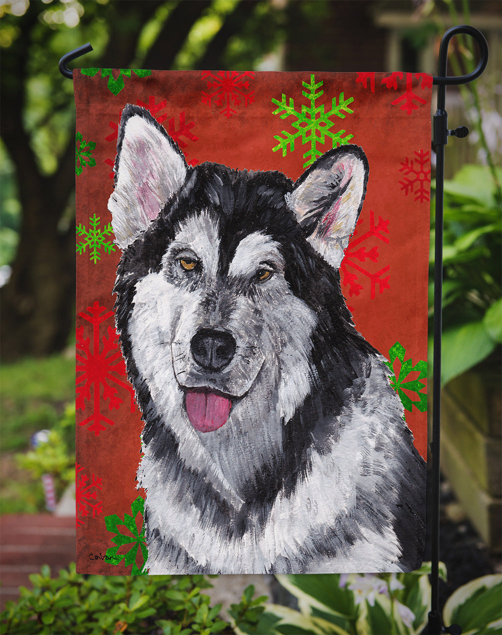 Alaskan Malamute Red Snowflakes Holiday Christmas Garden Flag Mailbox Decorative Yard Banner Outside Patio Artwork for Flower Beds, Garden Size, Multicolor