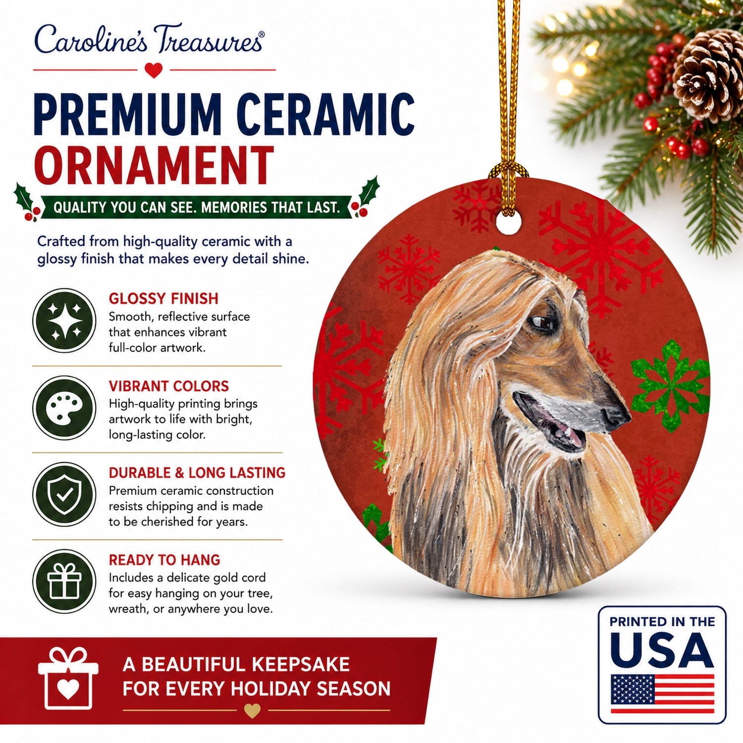 Afghan Hound Red Snowflakes Holiday Christmas  Ceramic Ornament Christmas Tree Hanging Decorations for Home Christmas Holiday, Party, Gift, 3 in, Multicolor