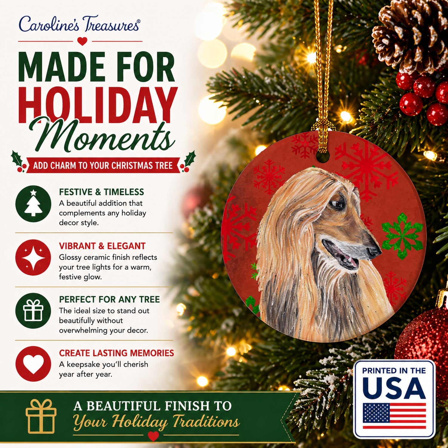 Afghan Hound Red Snowflakes Holiday Christmas  Ceramic Ornament Christmas Tree Hanging Decorations for Home Christmas Holiday, Party, Gift, 3 in, Multicolor