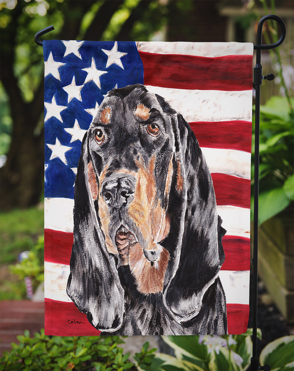 Black and Tan Coonhound with American Flag Garden Flag Mailbox Decorative Yard Banner Outside Patio Artwork for Flower Beds, Garden Size, Multicolor