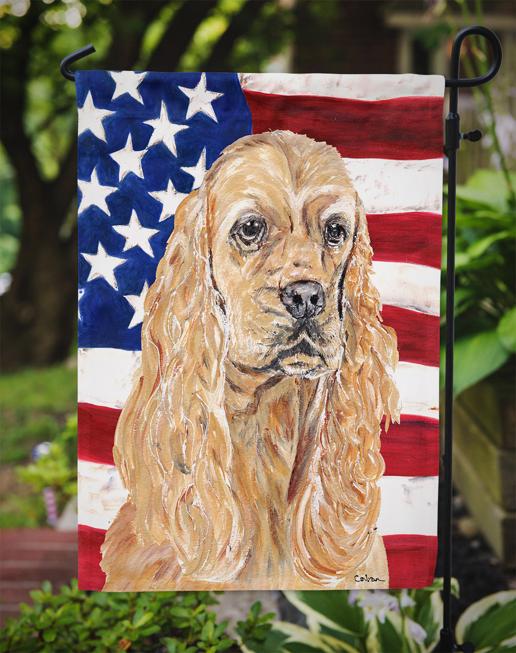 Buff Cocker Spaniel with American Flag Garden Flag Mailbox Decorative Yard Banner Outside Patio Artwork for Flower Beds, Garden Size, Multicolor