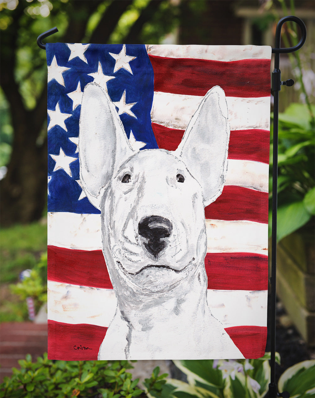 Bull Terrier with American Flag Garden Flag Mailbox Decorative Yard Banner Outside Patio Artwork for Flower Beds, Garden Size, Multicolor