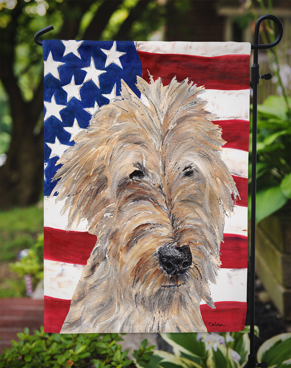 Golden Doodle with American Flag Garden Flag Mailbox Decorative Yard Banner Outside Patio Artwork for Flower Beds, Garden Size, Multicolor