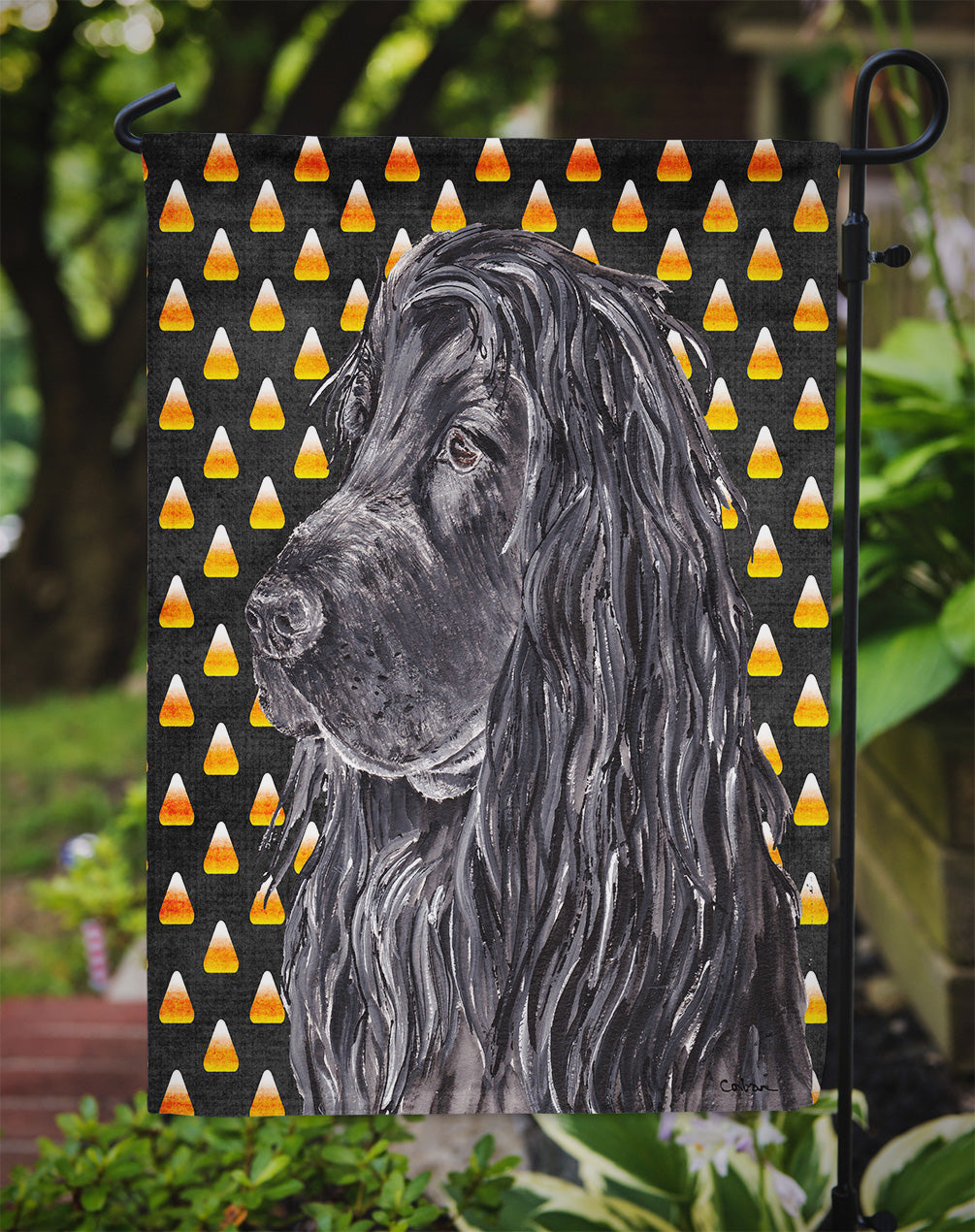 Black Cocker Spaniel Candy Corn Halloween Garden Flag Mailbox Decorative Yard Banner Outside Patio Artwork for Flower Beds, Garden Size, Multicolor