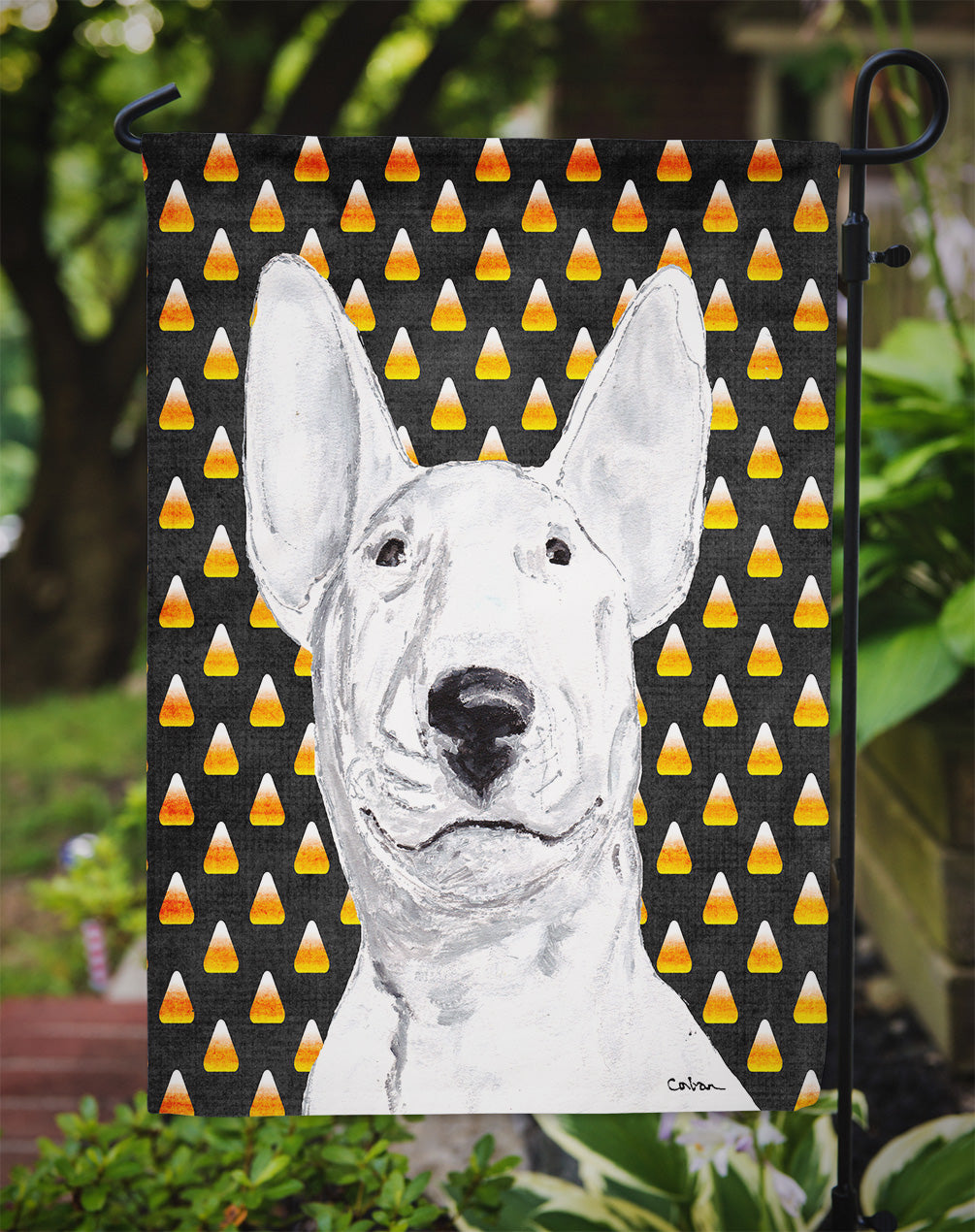 Bull Terrier Candy Corn Halloween Garden Flag Mailbox Decorative Yard Banner Outside Patio Artwork for Flower Beds, Garden Size, Multicolor
