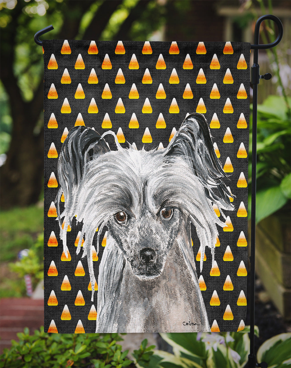 Chinese Crested Candy Corn Halloween Garden Flag Mailbox Decorative Yard Banner Outside Patio Artwork for Flower Beds, Garden Size, Multicolor