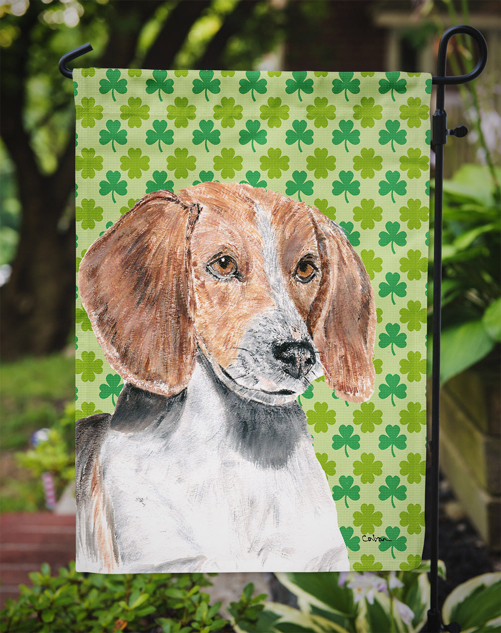English Foxhound Lucky Shamrock St. Patrick's Day Garden Flag Mailbox Decorative Yard Banner Outside Patio Artwork for Flower Beds, Garden Size, Multicolor