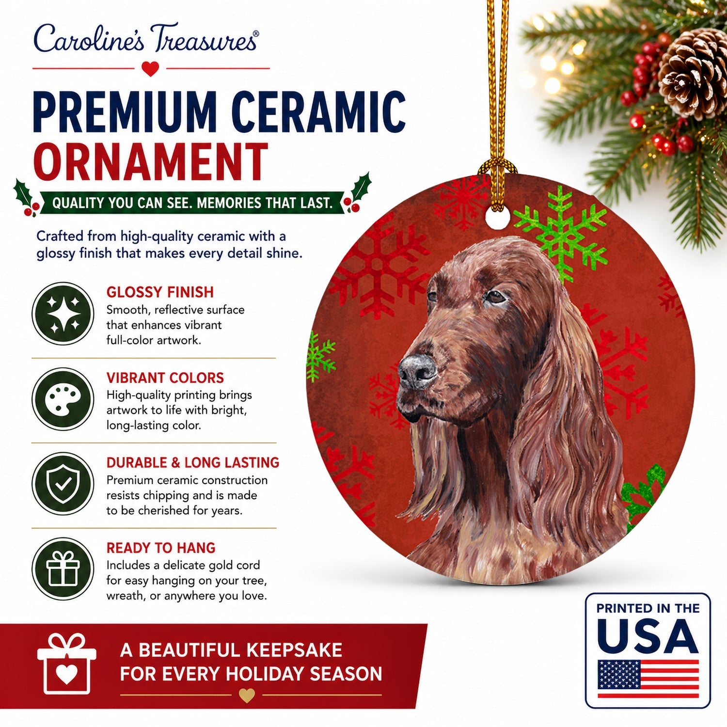 Irish Setter Red Snowflakes Holiday Ceramic Ornament Christmas Tree Hanging Decorations for Home Christmas Holiday, Party, Gift, 3 in, Multicolor
