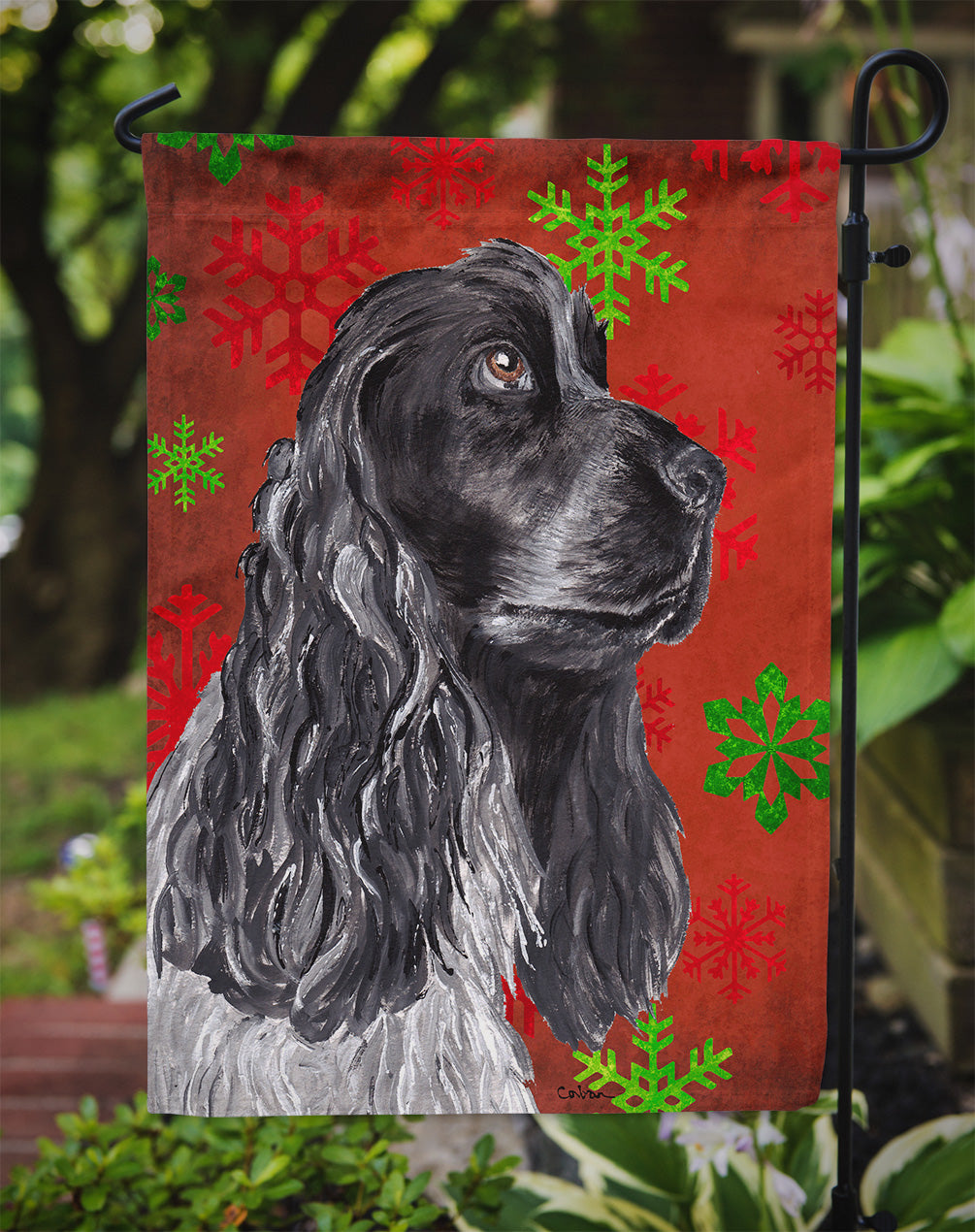 Black Cocker Spaniel Red Snowflakes Holiday Garden Flag Mailbox Decorative Yard Banner Outside Patio Artwork for Flower Beds, Garden Size, Multicolor
