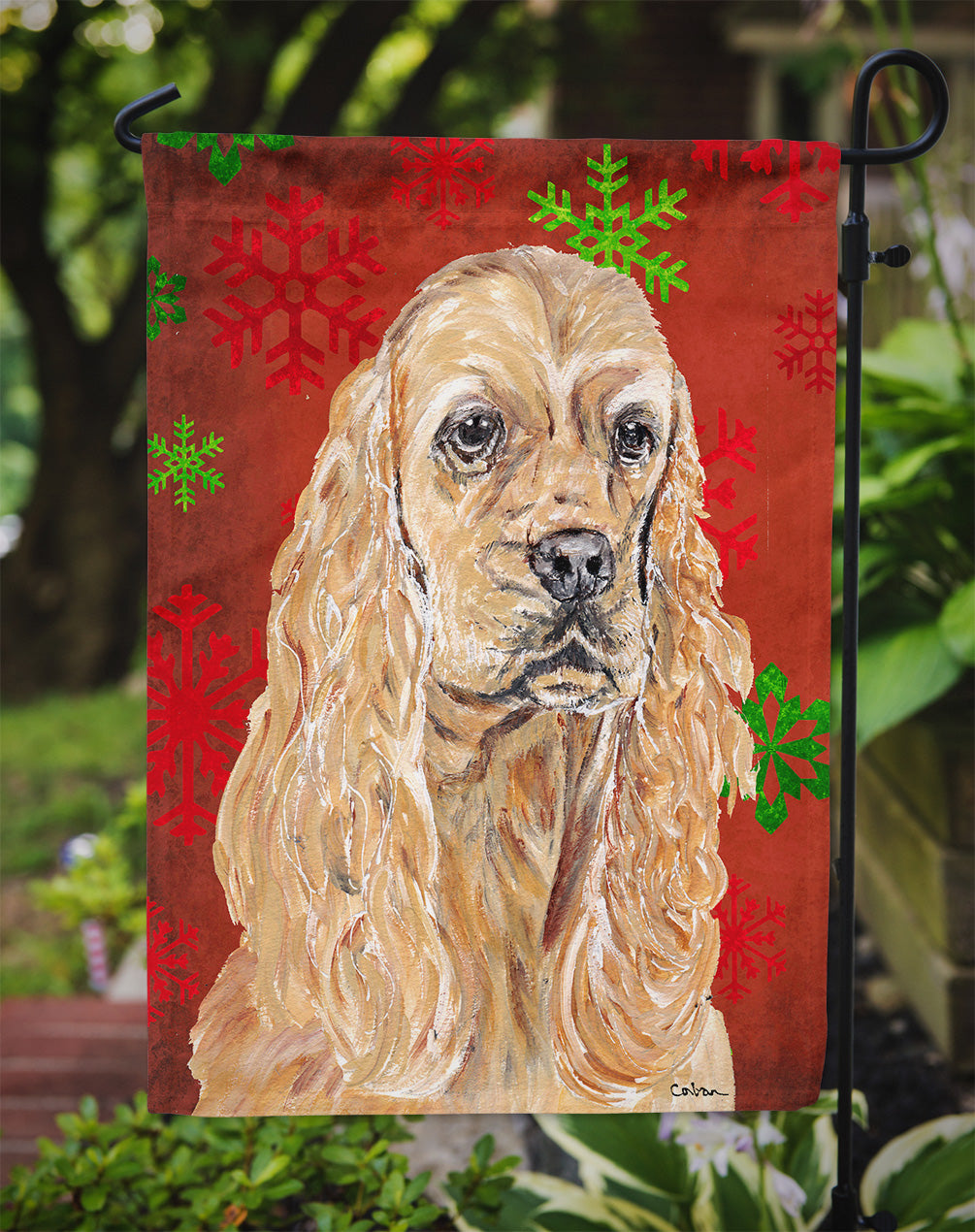 Buff Cocker Spaniel Red Snowflakes Holiday Garden Flag Mailbox Decorative Yard Banner Outside Patio Artwork for Flower Beds, Garden Size, Multicolor