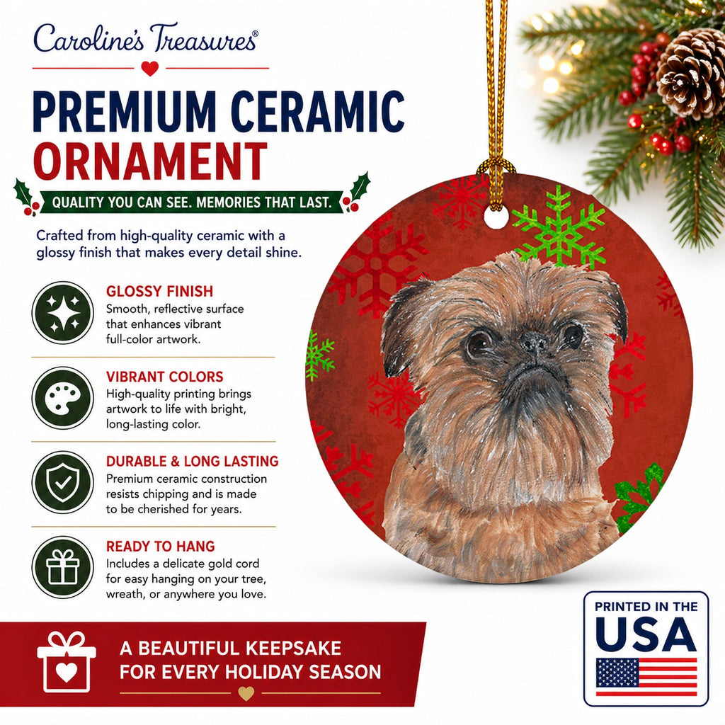 Brussels Griffon Red Snowflakes Holiday Ceramic Ornament Christmas Tree Hanging Decorations for Home Christmas Holiday, Party, Gift, 3 in, Multicolor